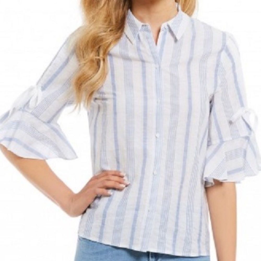A Loves A Blue White Striped Linen Blouse Sz L